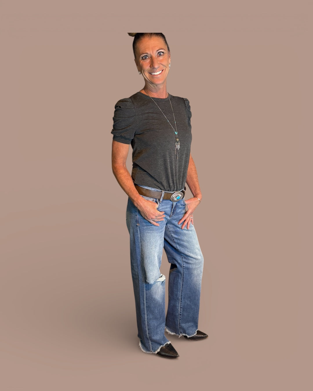 Bubble Sleeve Shirt & Logan Low Rise Chewed Hem Jean- 2 piece outfit