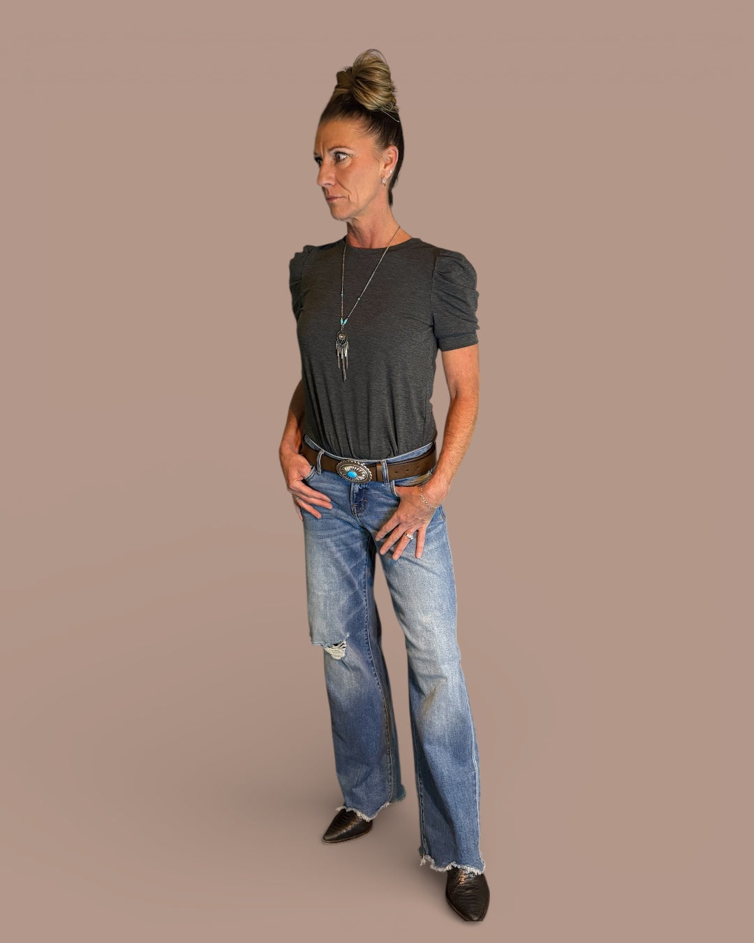 Bubble Sleeve Shirt & Logan Low Rise Chewed Hem Jean- 2 piece outfit