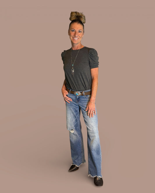 Bubble Sleeve Shirt & Logan Low Rise Chewed Hem Jean- 2 piece outfit