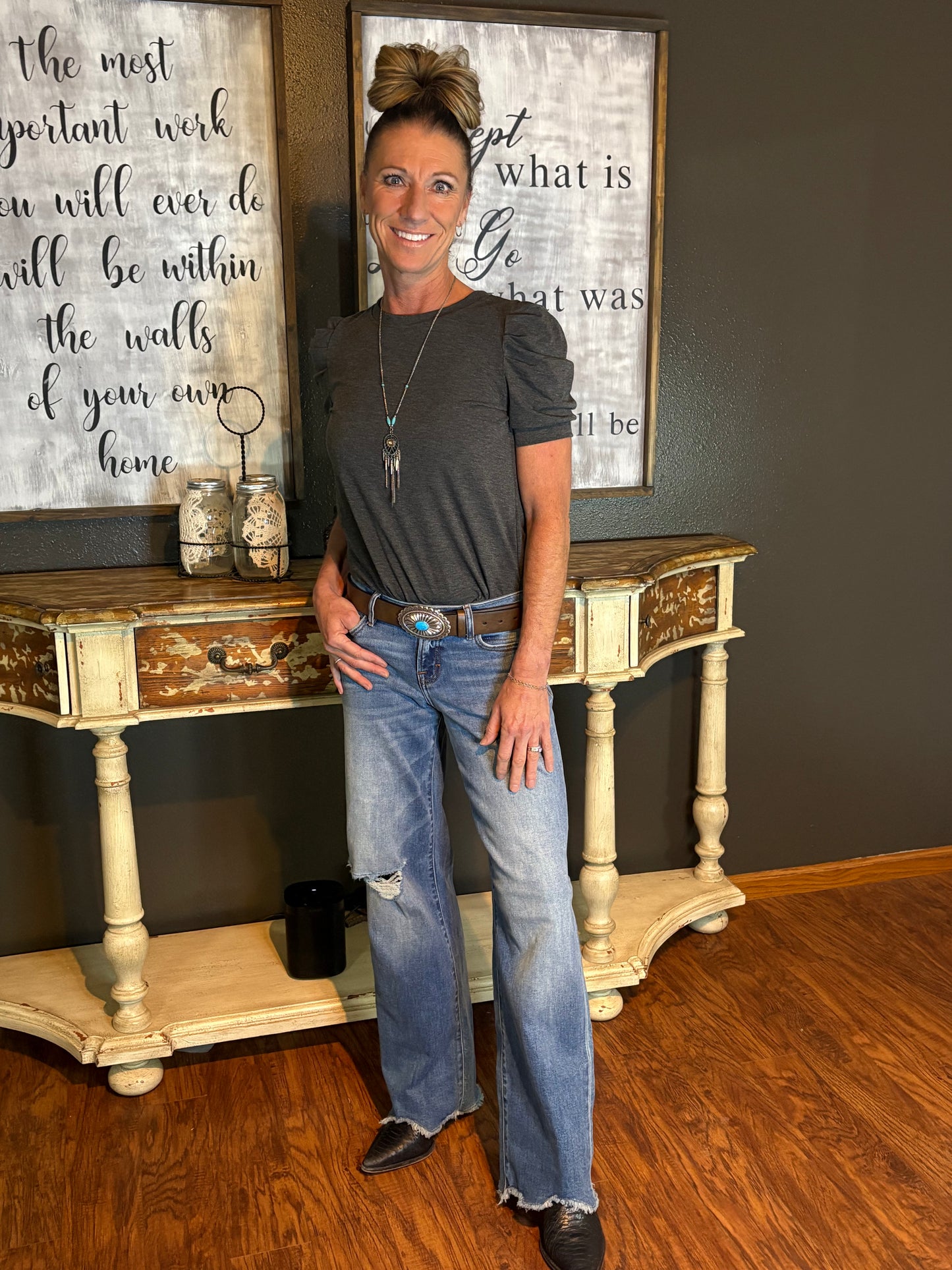 Bubble Sleeve Shirt & Logan Low Rise Chewed Hem Jean- 2 piece outfit